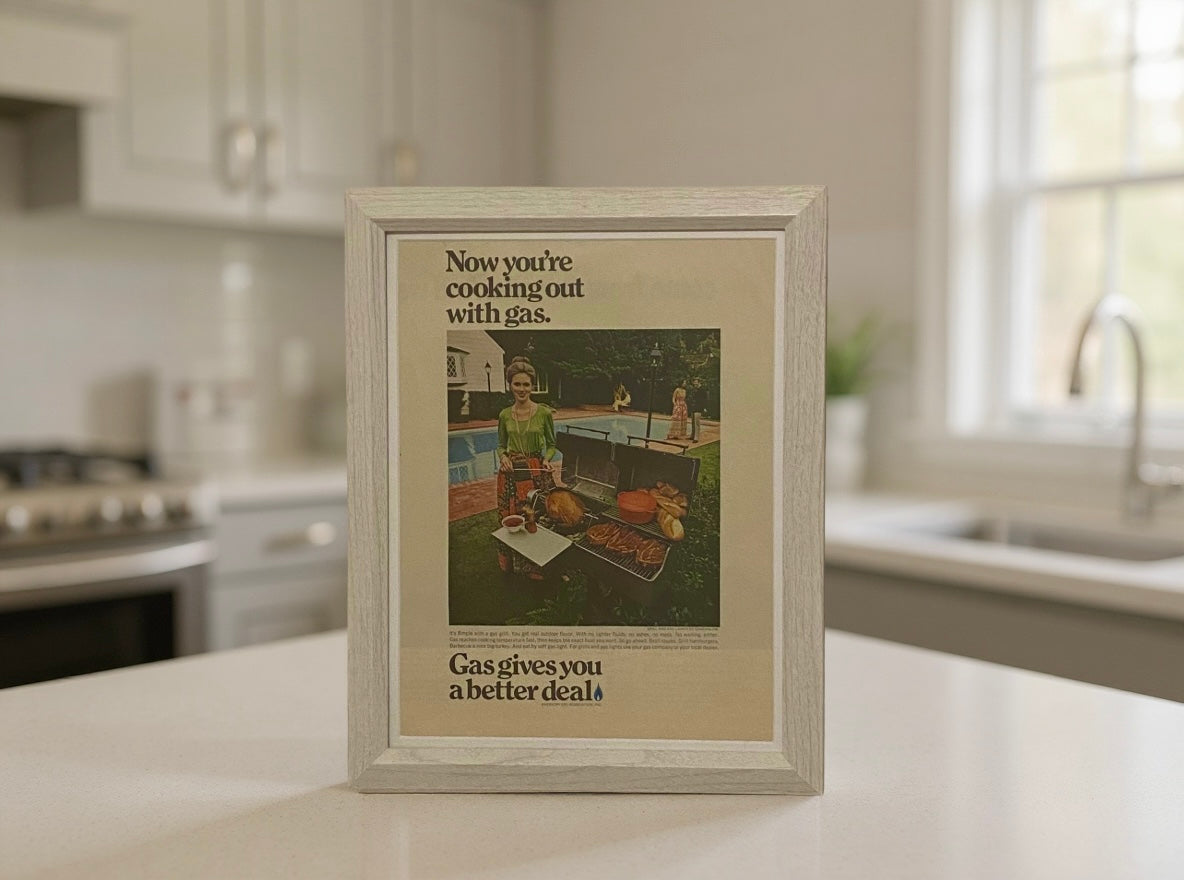 Vintage “Now You’re Cooking Out With Gas” Advertisement | Framed Early 1970s Kitchen & Entertaining Wall Art