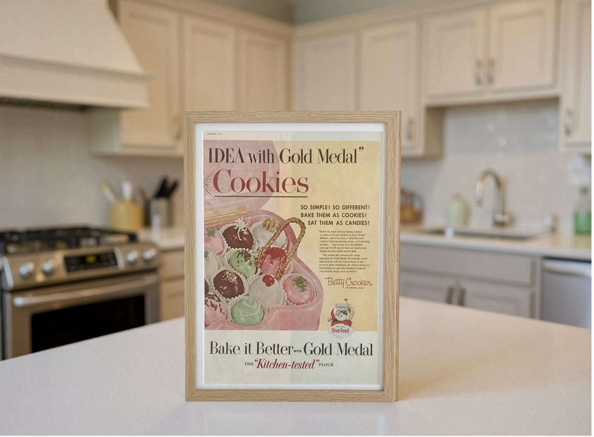 Vintage Gold Medal Cookies Advertisement Print Framed, Mid-Century Kitchen Wall Art Inspired by Classic Baking and Betty Crocker Era Americana