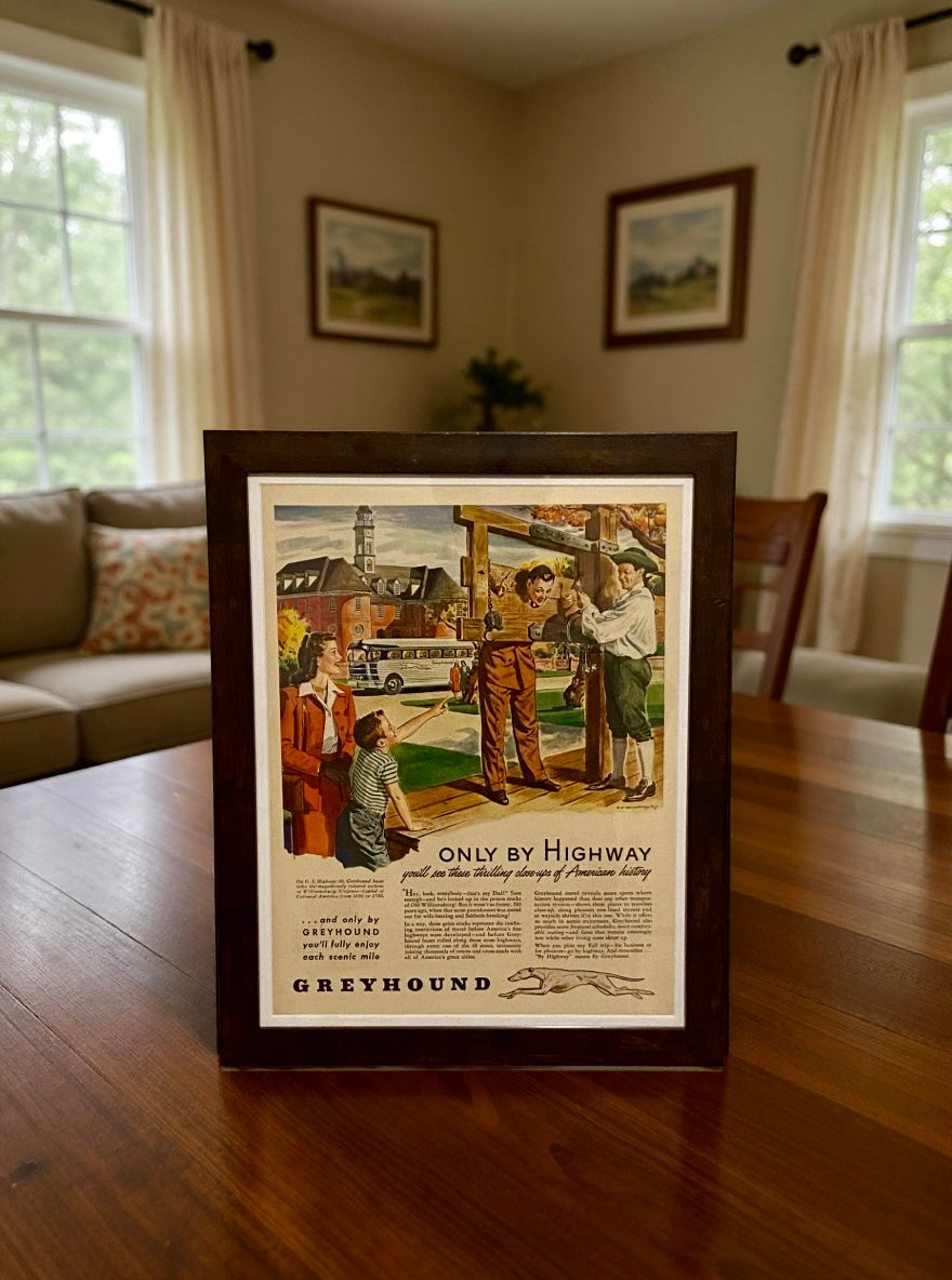 Original circa 1940s Greyhound Ad “Only by Highway”- Framed Kitchen Decor