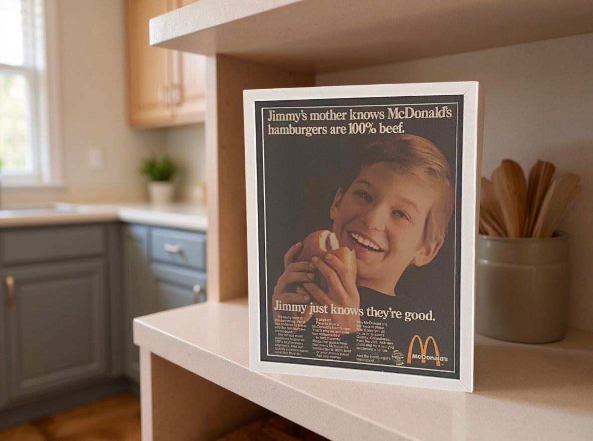 Vintage McDonald’s “Jimmy Just Knows They’re Good” Advertisement Print | Framed Retro Fast Food Wall Art for Kitchen or Dining Space