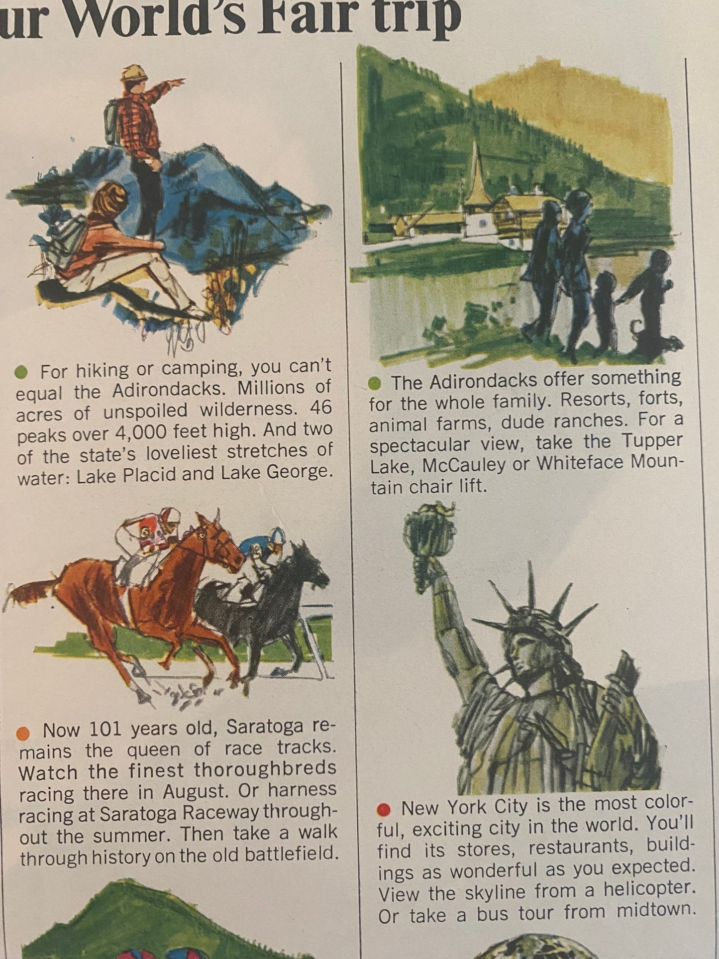 Close-up detail of an original New York World’s Fair advertisement featuring the Statue of Liberty and the iconic Unisphere illustration