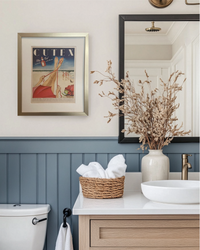 Original Cutex Play Red 1946 magazine ad in a brushed brass frame styled beside a bathroom vanity