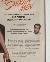 Detail of the original 1946 Mennen Brushless Shave Cream advertisement showing vintage typography and product copy