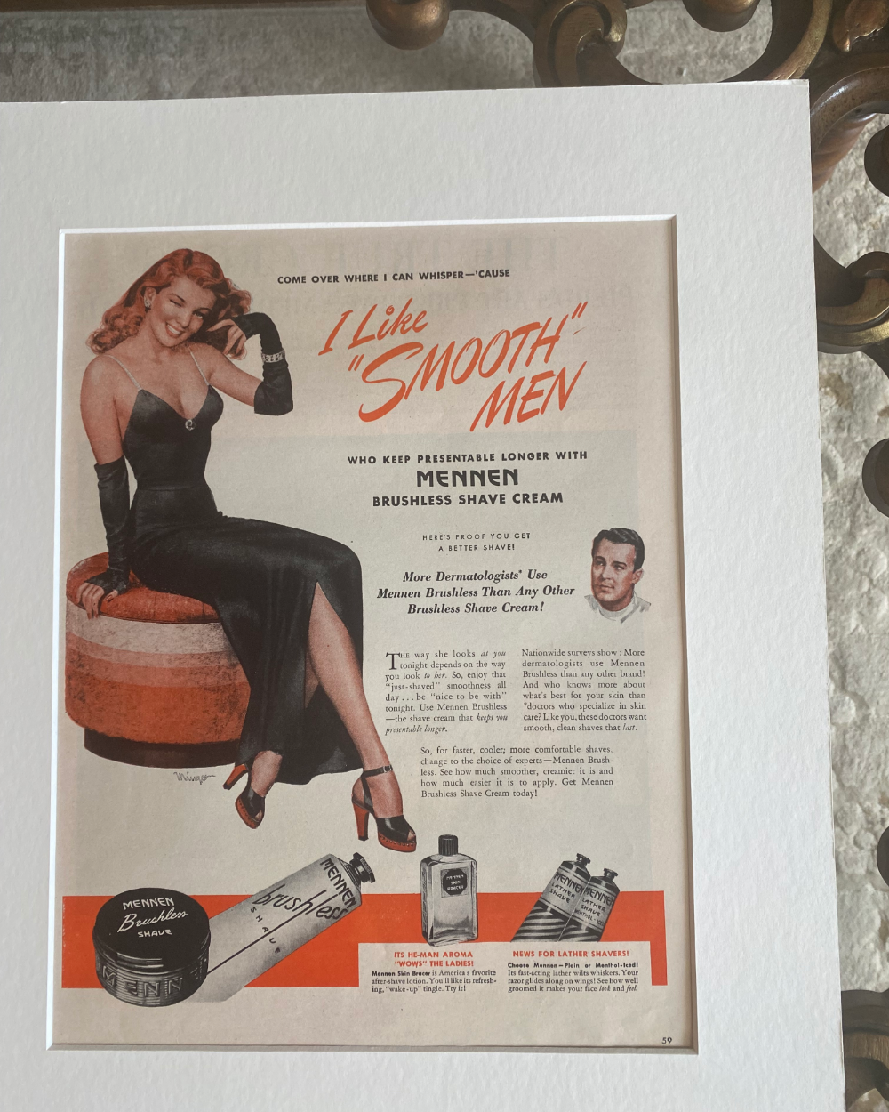 Close-up of an original 1946 Mennen Brushless Shave Cream advertisement featuring the “I Like Smooth Men” illustration