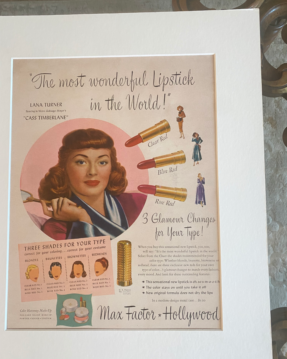 Original 1948 Max Factor Hollywood advertisement featuring Lana Turner and three vintage lipstick shades.