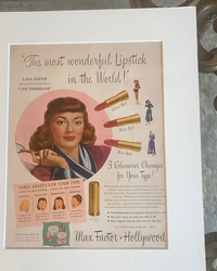 Original 1948 Max Factor Hollywood advertisement featuring Lana Turner and three vintage lipstick shades.