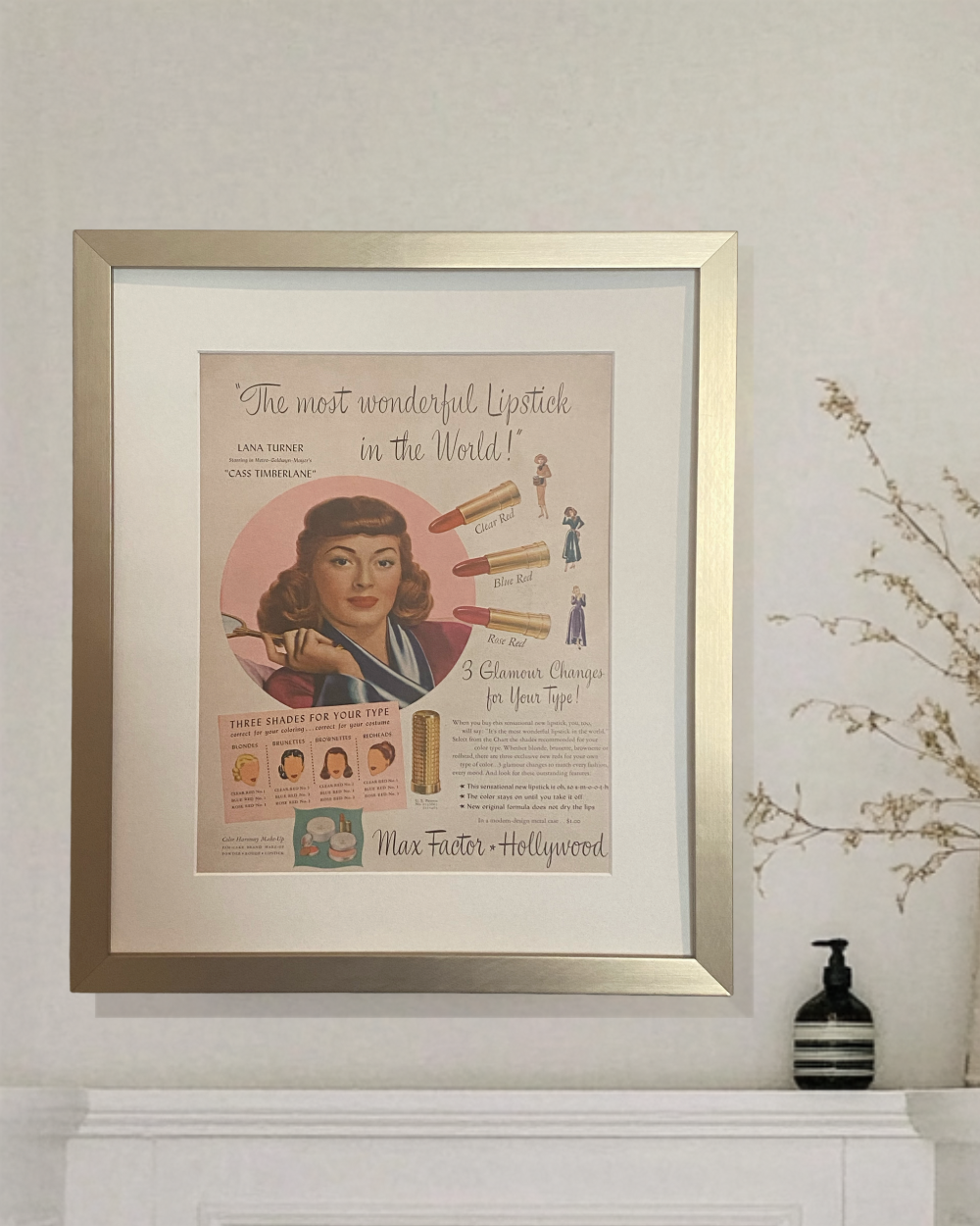 Original 1948 Max Factor Lana Turner lipstick advertisement beautifully framed in brushed brass with an off-white mat.