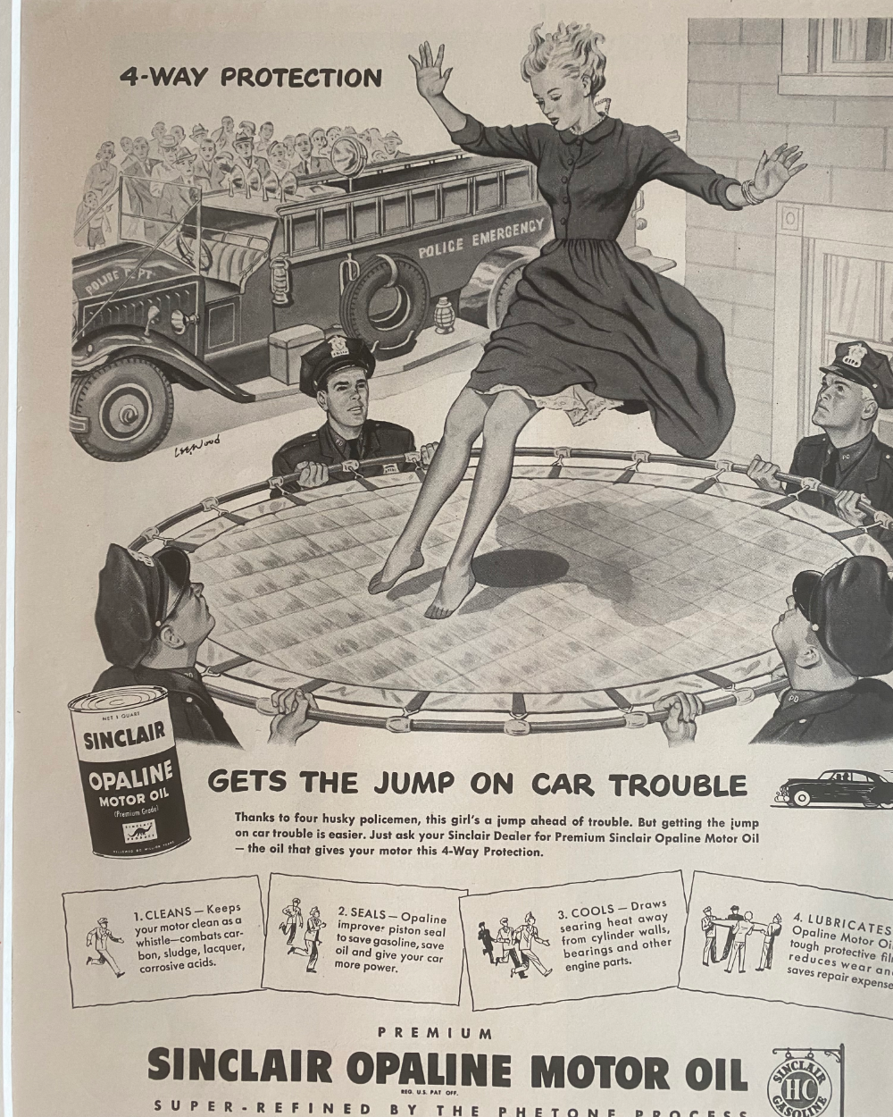Close-up of the 1949 Sinclair Opaline Motor Oil “Gets the Jump on Car Trouble” vintage advertisement illustration