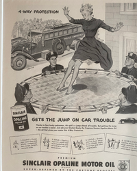 Close-up of the 1949 Sinclair Opaline Motor Oil “Gets the Jump on Car Trouble” vintage advertisement illustration