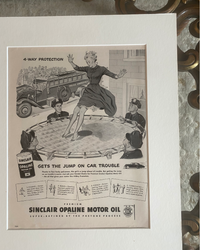 Detail of an authentic 1949 Sinclair Opaline Motor Oil Life magazine advertisement showing its original illustrated artwork