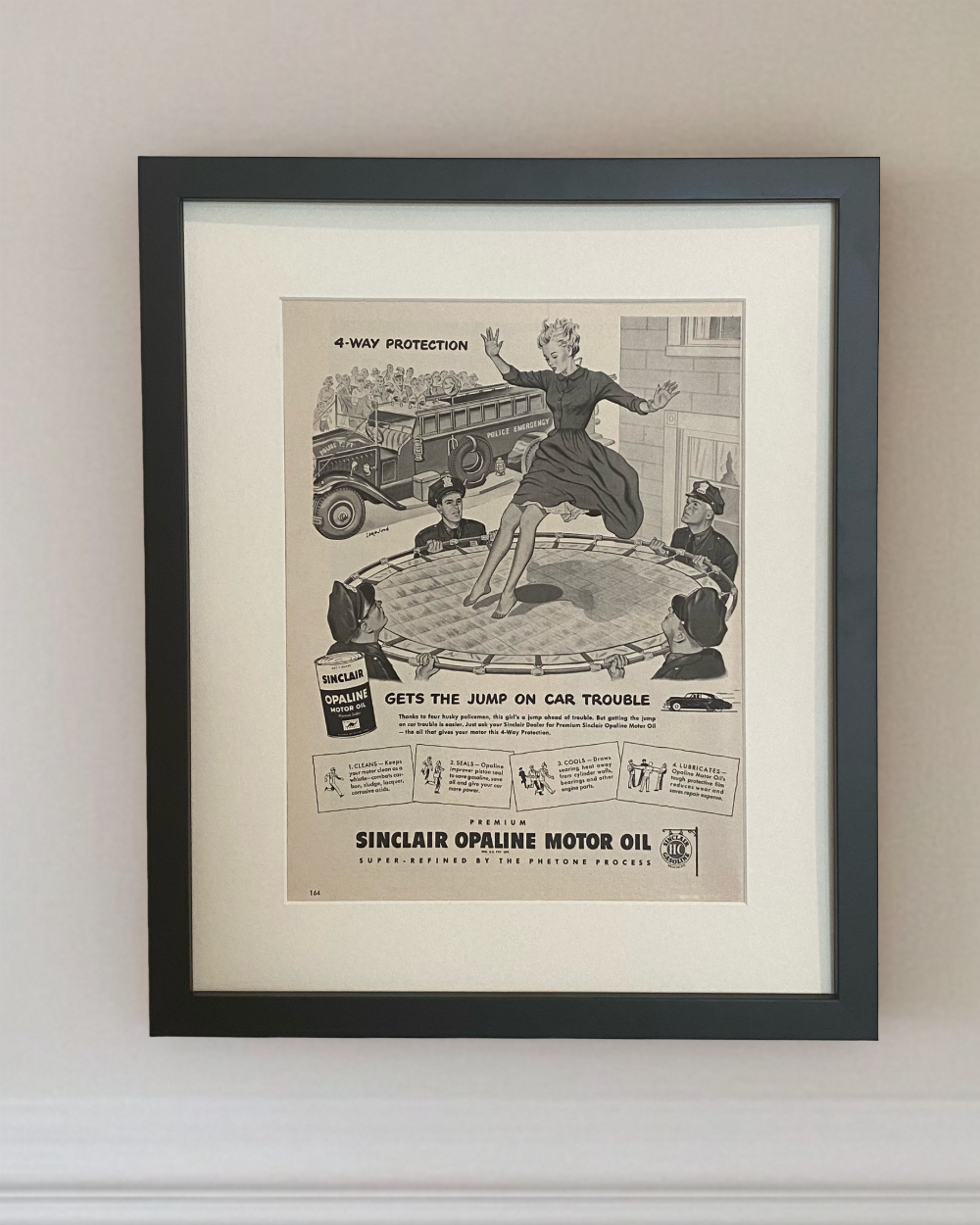 Original 1949 Sinclair Opaline Motor Oil vintage Life magazine advertisement beautifully framed in black with an off-white mat