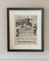 Original 1949 Sinclair Opaline Motor Oil vintage Life magazine advertisement beautifully framed in black with an off-white mat