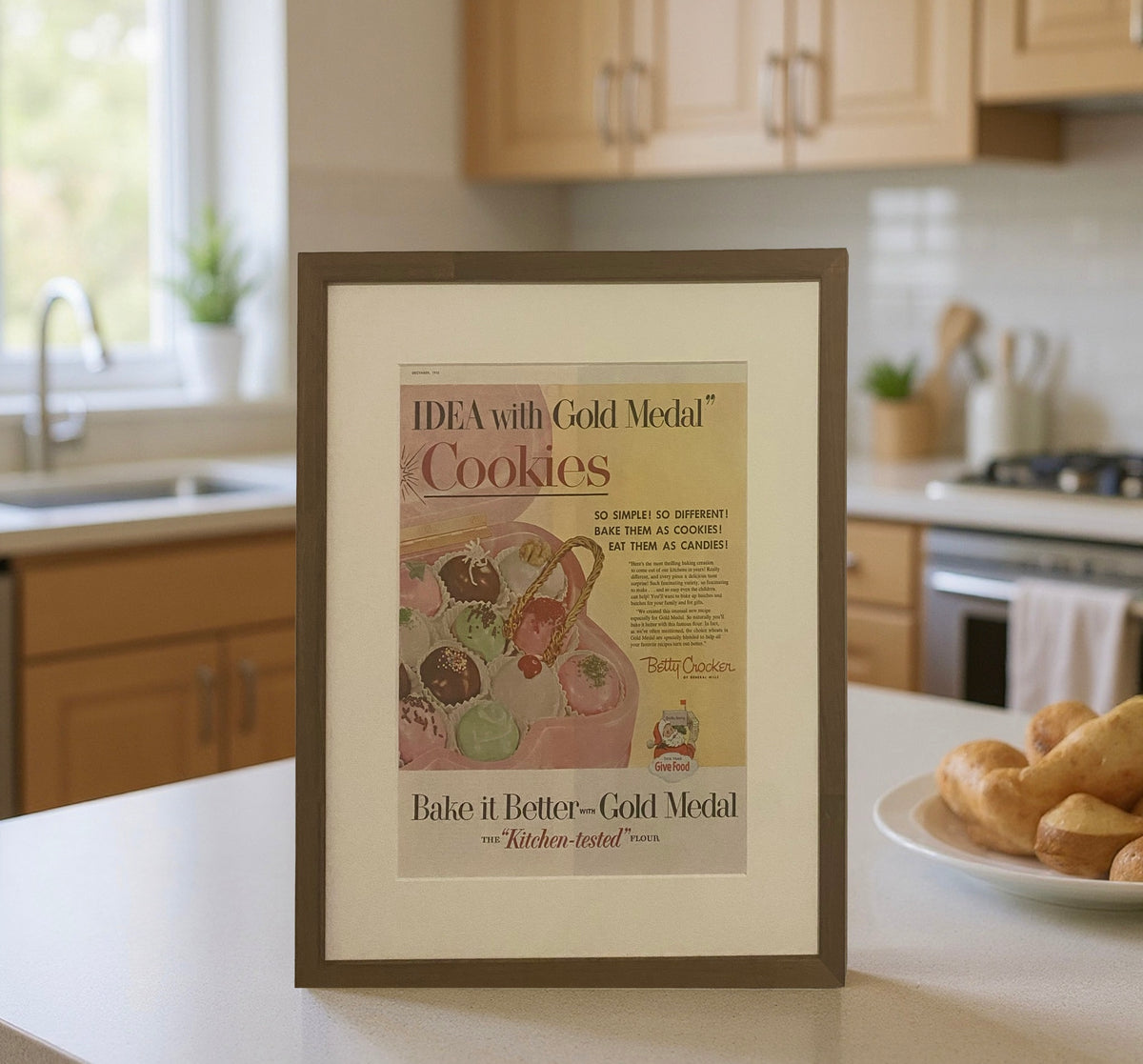 Original Betty Crocker Cookies vintage magazine advertisement displayed in a brown wood frame on a kitchen island