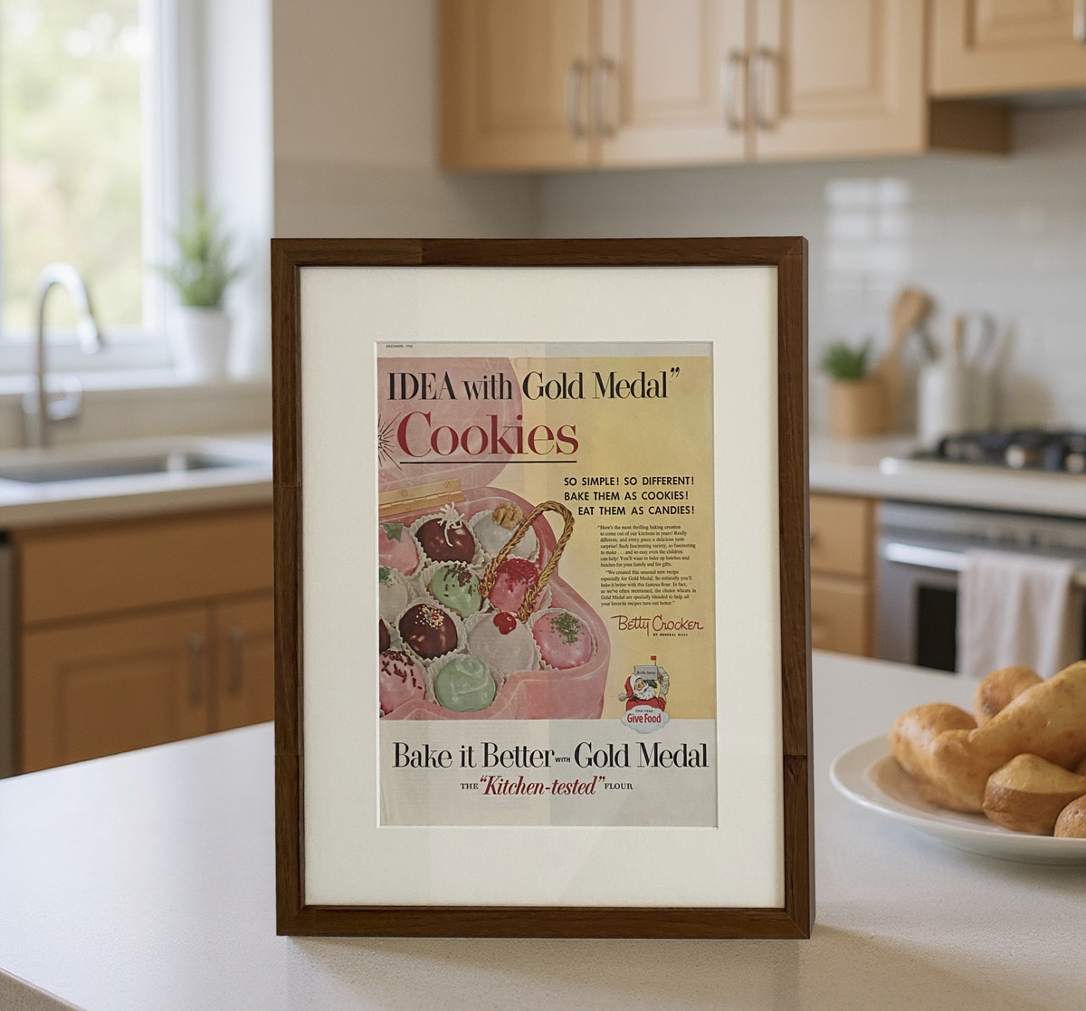 Original Betty Crocker Gold Medal Cookies vintage advertisement in a handcrafted walnut frame displayed on a modern kitchen countertop.