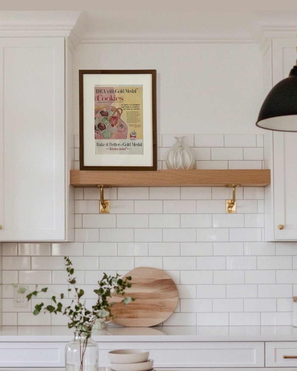Original Betty Crocker Gold Medal Cookies vintage advertisement in a handcrafted walnut frame styled on a floating kitchen shelf.