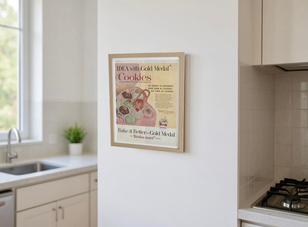 Modern vintage Betty Crocker Gold Medal baking advertisement framed mid-century kitchen art