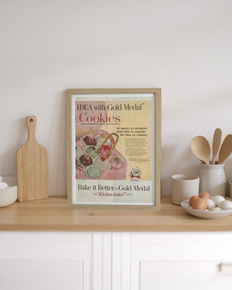 Modern vintage Betty Crocker Gold Medal baking advertisement framed mid-century kitchen art