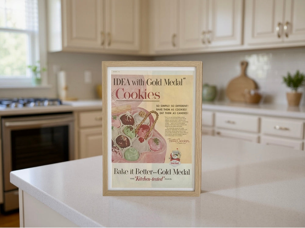 Vintage Gold Medal Cookies Advertisement Print Framed, Mid-Century Kitchen Wall Art Inspired by Classic Baking and Betty Crocker Era Americana
