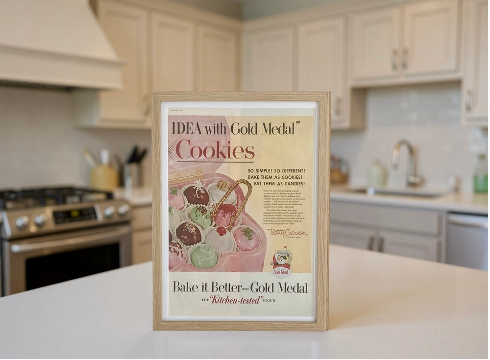 Vintage Gold Medal Cookies Advertisement Print Framed, Mid-Century Kitchen Wall Art Inspired by Classic Baking and Betty Crocker Era Americana
