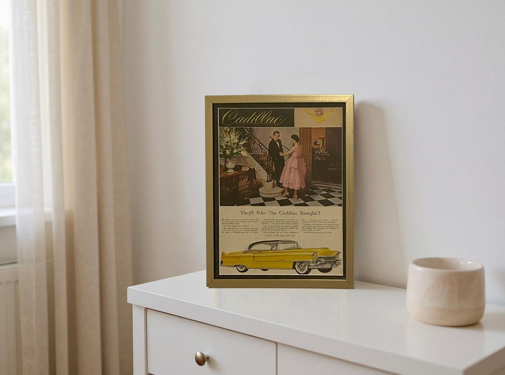 Original 1950s Cadillac Advertisement Framed – “They’ll Take the Cadillac Tonight” Vintage Automotive Wall Art