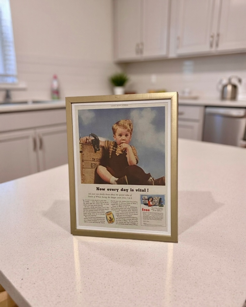 Modern vintage Cream of Wheat cereal advertisement framed wall art, mid-century food illustration