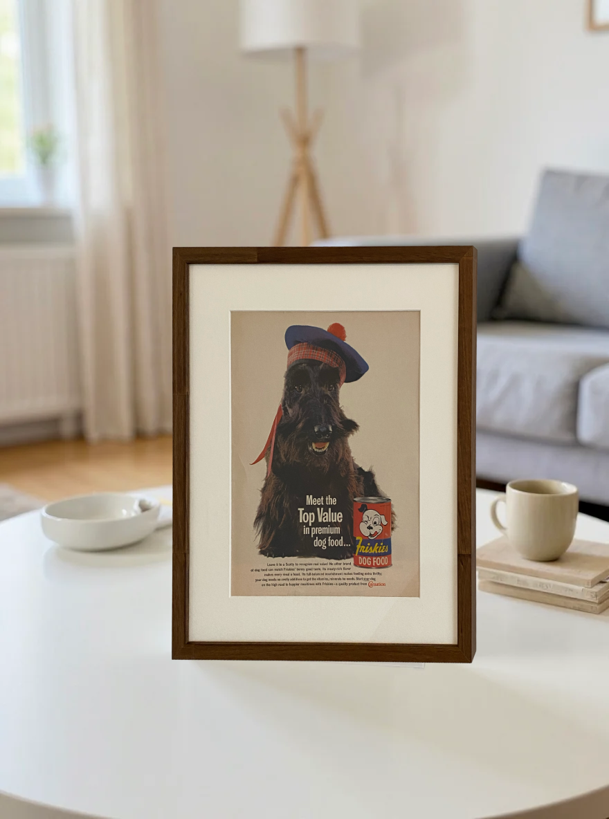 Original Friskies Scotty Dog vintage advertisement displayed in a handcrafted brown wood frame on a modern living room coffee table.