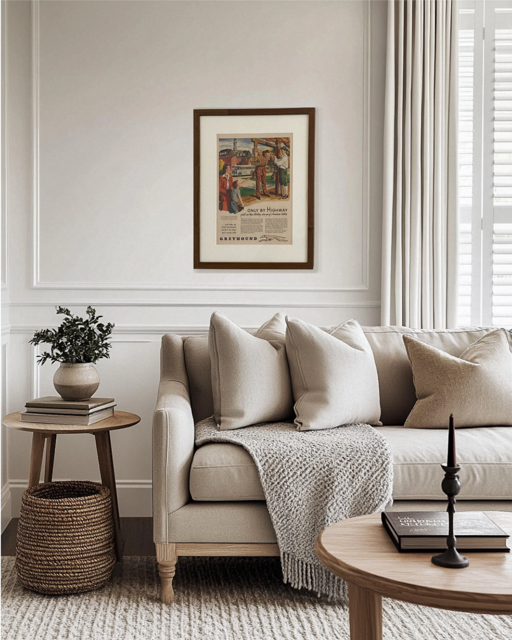 Original Greyhound “Only By Highway” vintage advertisement displayed in a handcrafted brown wood frame in a modern living room.
