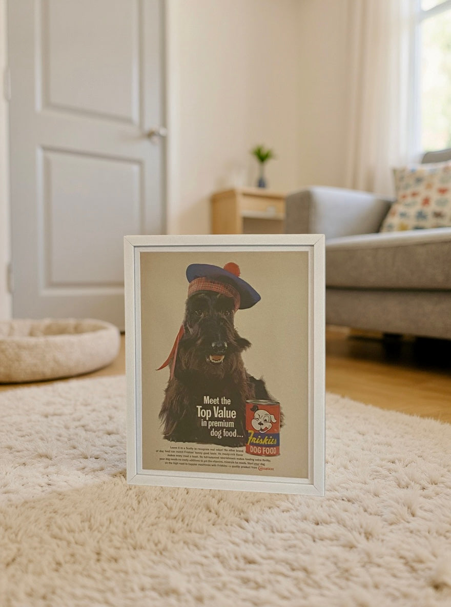 Modern vintage Friskies dog food advertisement framed wall art, mid-century pet illustration