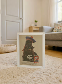 Modern vintage Friskies dog food advertisement framed wall art, mid-century pet illustration