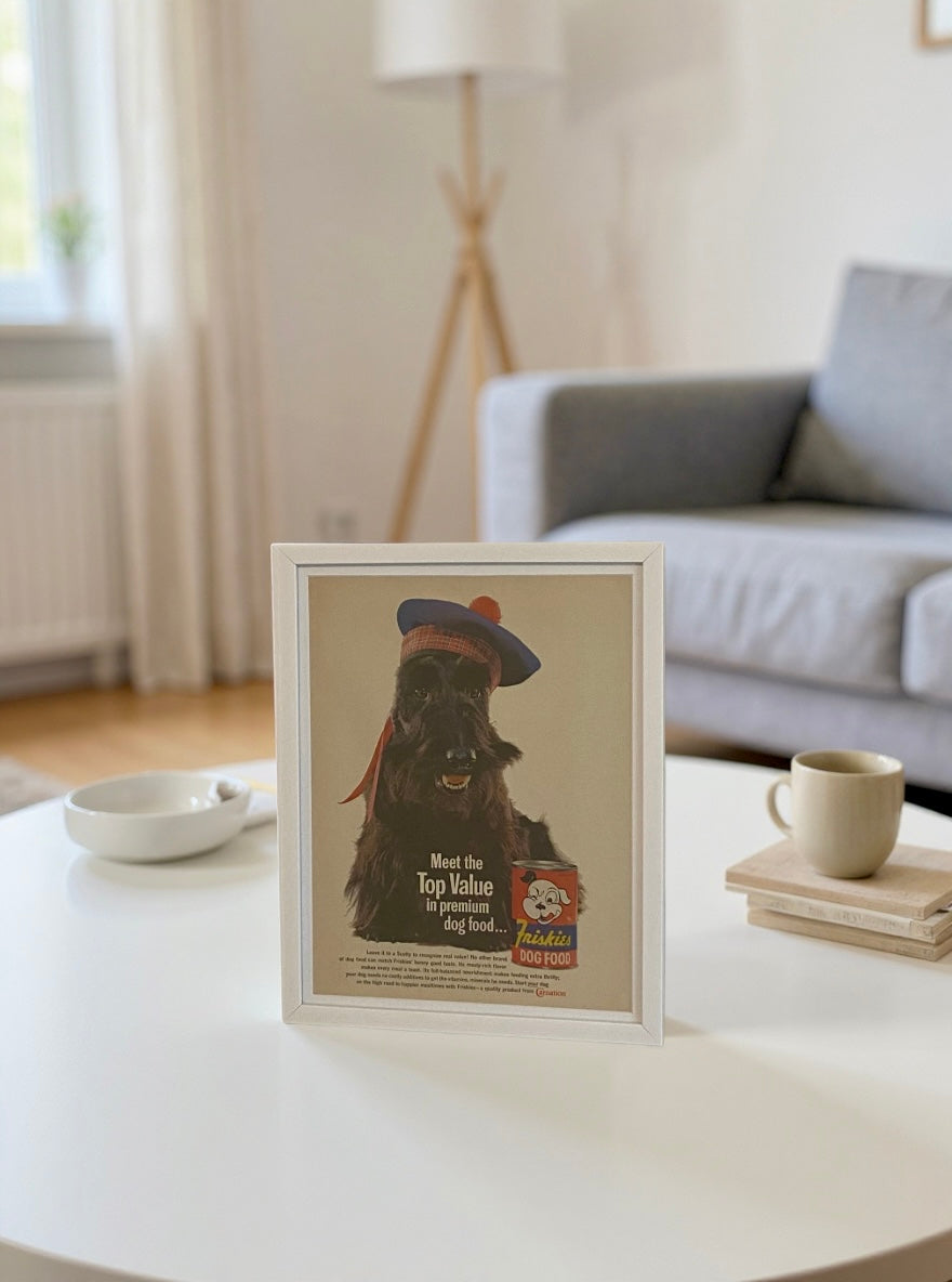 Original 1960s Friskies Dog Food Framed Advertisement – “Meet the Top Value in Premium Dog Food…”