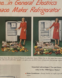 Close-up of the original 1948 General Electric Space Maker Refrigerator advertisement featuring the illustrated family scene and vintage appliance artwork.