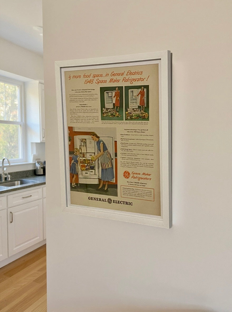 Modern vintage General Electric refrigerator advertisement framed wall art, mid-century kitchen appliance print
