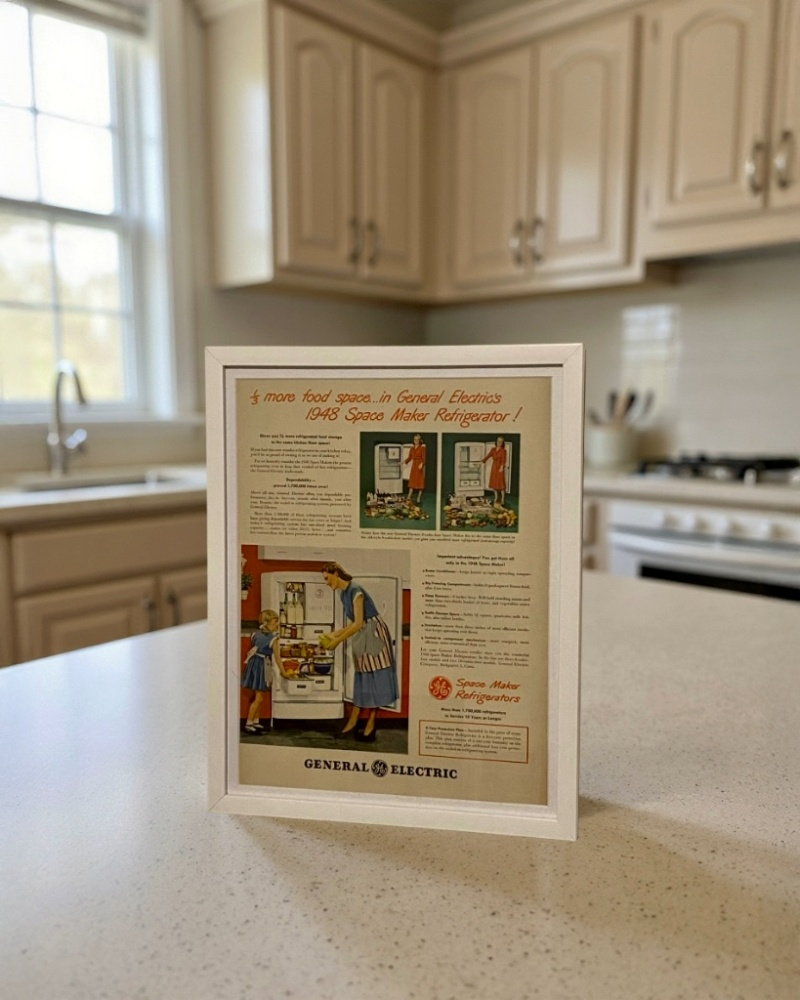 Modern vintage General Electric refrigerator advertisement framed wall art, mid-century kitchen appliance print