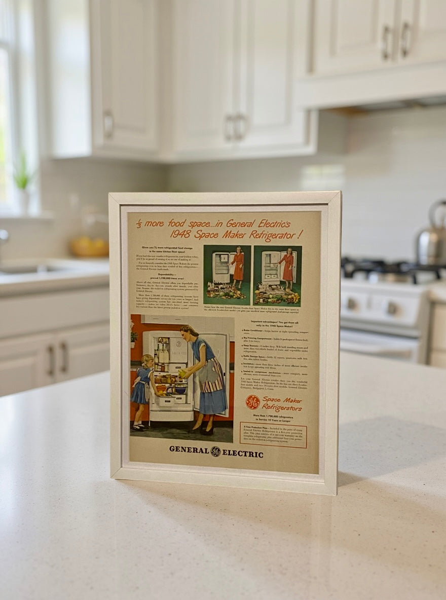 Original 1948 GE “Space Maker Refrigerator” Advertisement – Framed Kitchen Decor