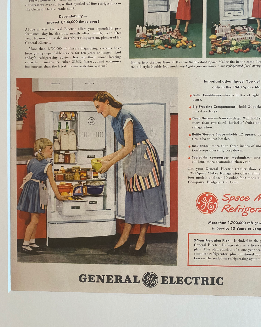 Detail of the original 1948 General Electric Space Maker Refrigerator vintage advertisement highlighting the refrigerator comparison illustrations and period design.