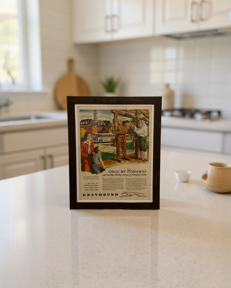Modern vintage Greyhound bus travel advertisement framed wall art, classic American transportation print