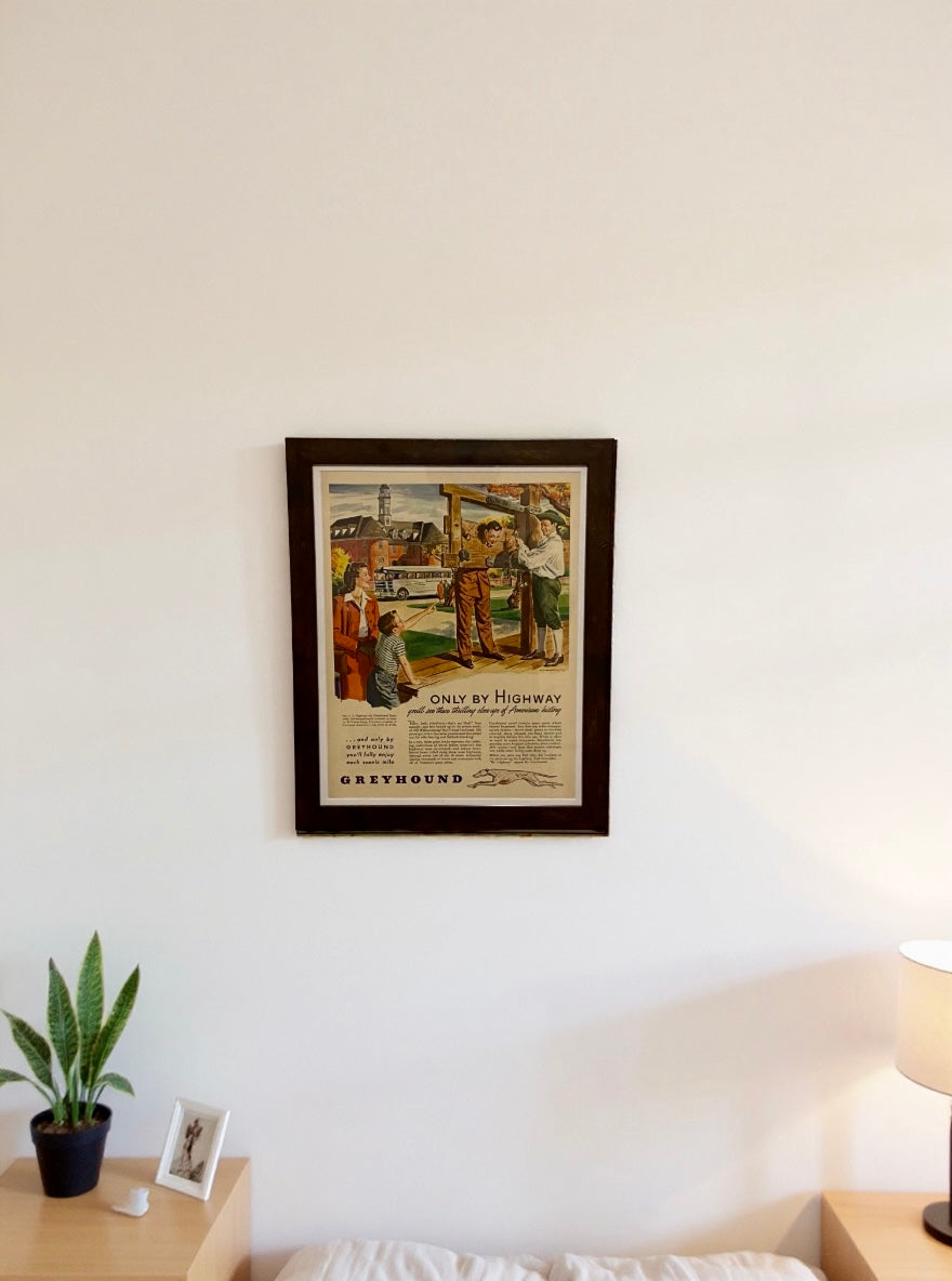 Original circa 1940s Greyhound Ad “Only by Highway”- Framed Kitchen Decor