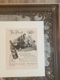 Close-up detail of the brass frame, off-white mat, and original 1941 Hires Root Beer magazine advertisement.
