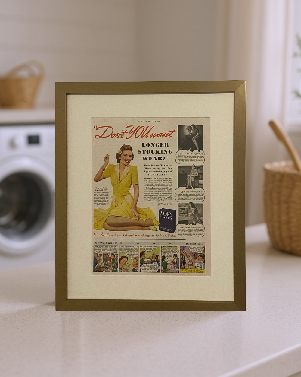 Original 1948 Ivory Flakes magazine advertisement displayed in a brass frame on a laundry room countertop beside a woven basket in a bright neutral interior.