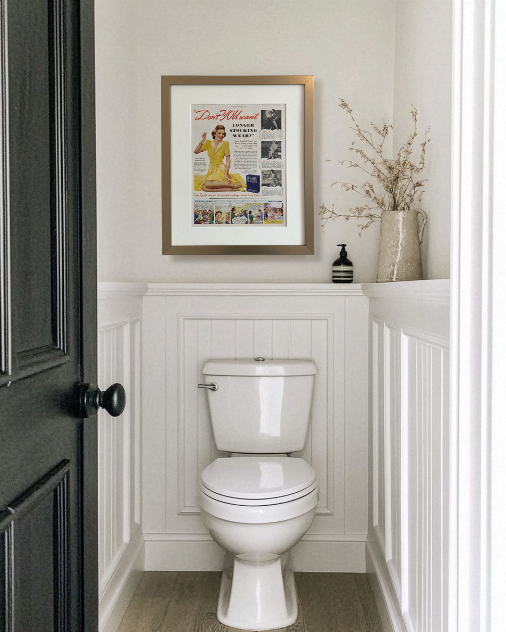 Original Ivory Flakes “Don’t You Want” vintage advertisement in a brushed brass frame displayed in a neutral powder room.