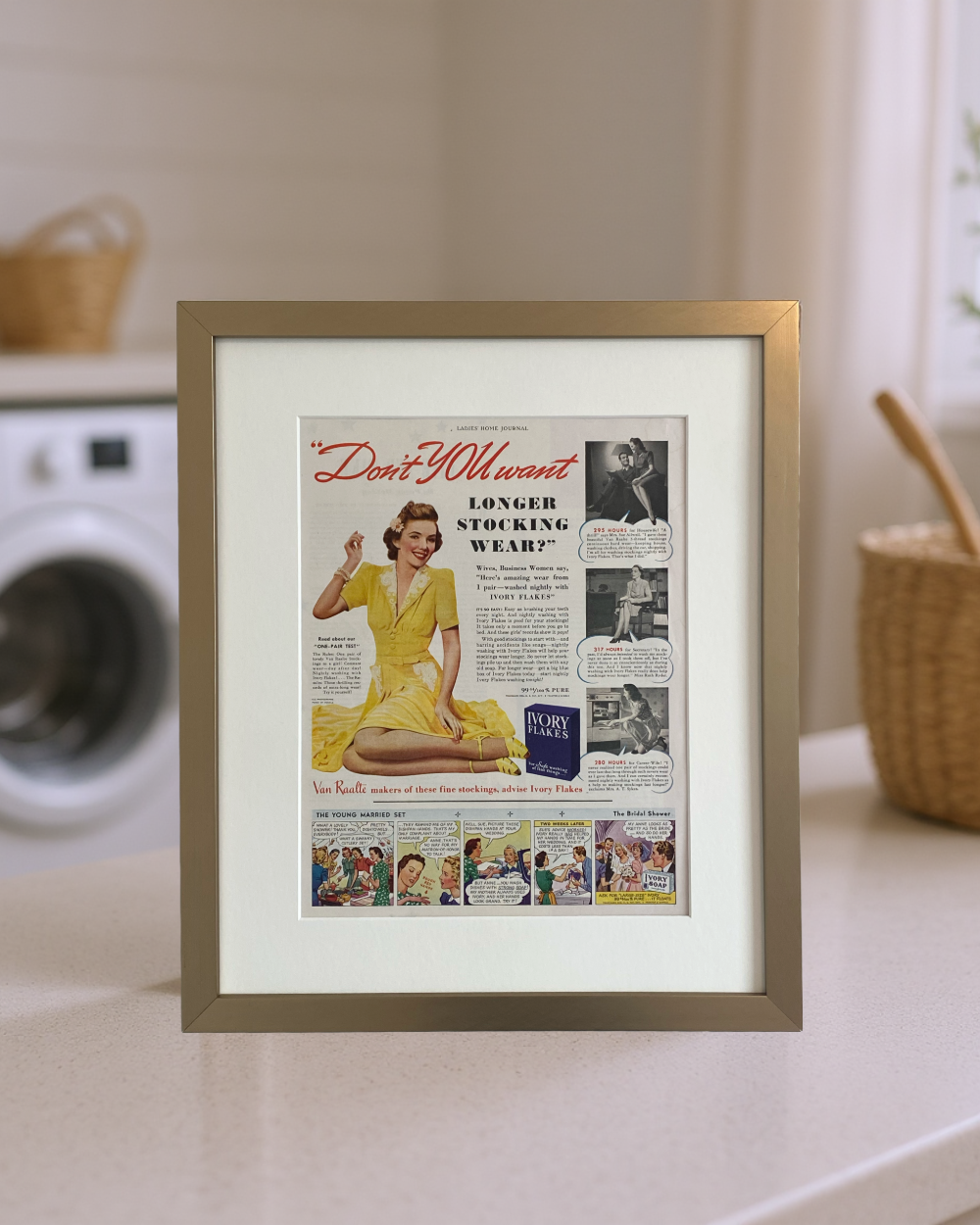 Original Ivory Flakes “Don’t You Want” vintage advertisement in a brushed brass frame with an off-white mat, styled in a bright laundry room.