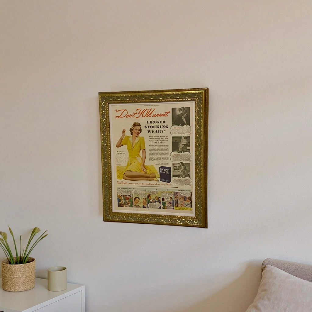 Modern vintage Ivory Flakes stockings advertisement framed wall art, mid-century fashion illustration
