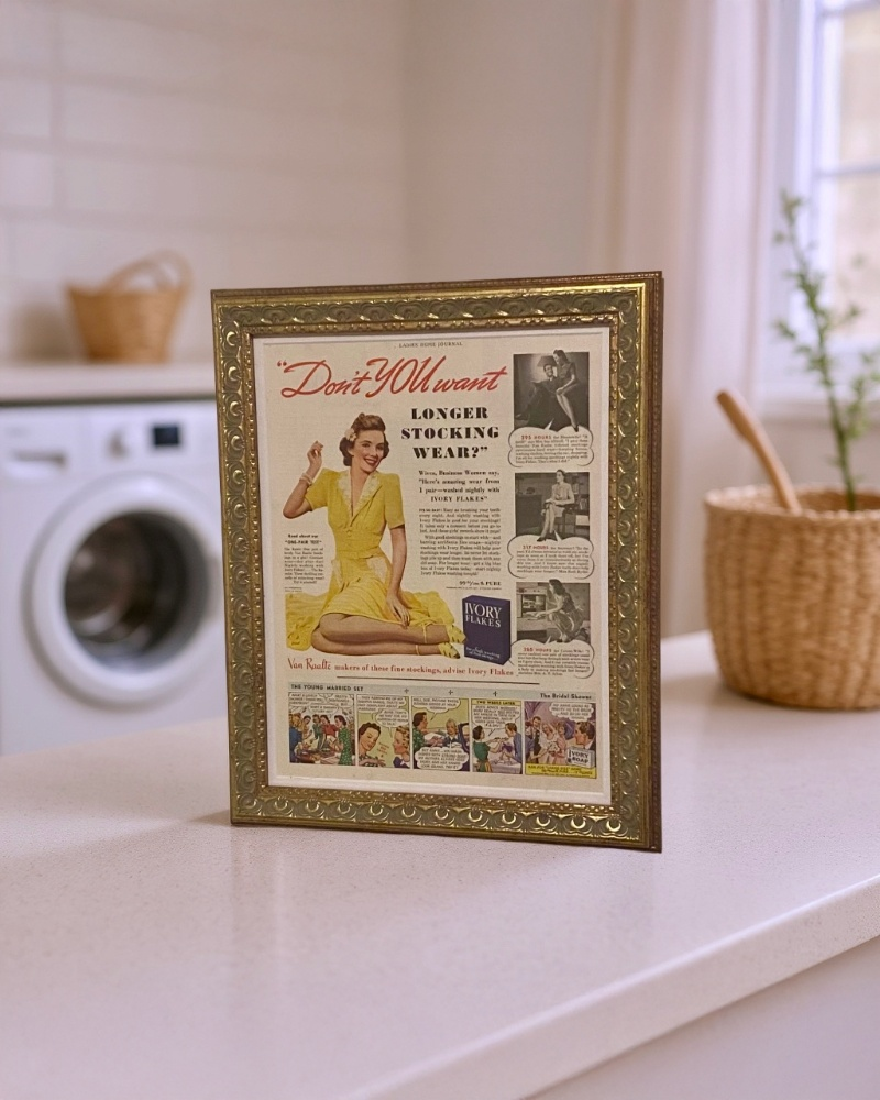 Modern vintage Ivory Flakes stockings advertisement framed wall art, mid-century fashion illustration