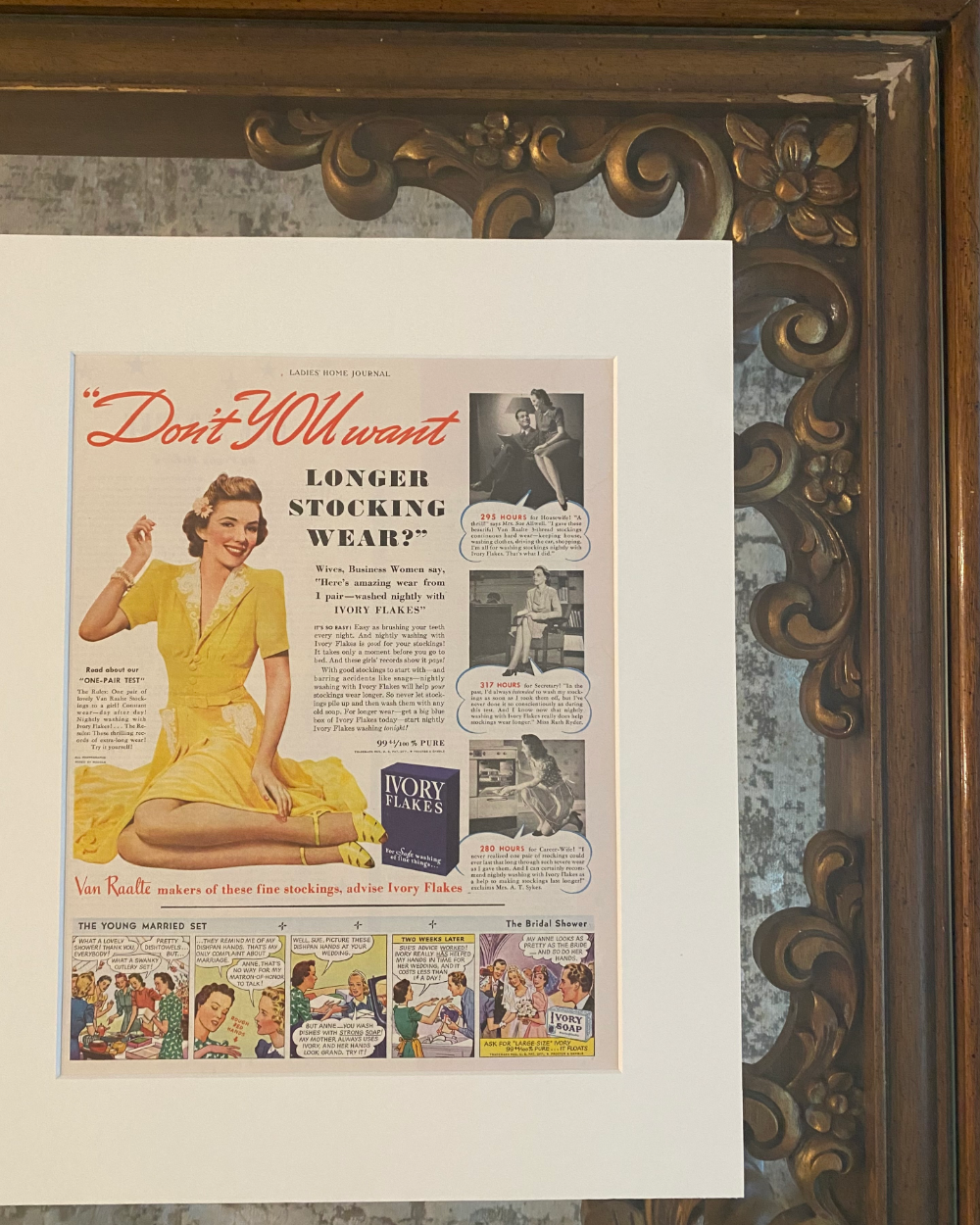 Original 1948 Ivory Flakes magazine advertisement displayed in a brass frame on a laundry room countertop beside a woven basket in a bright neutral interior.