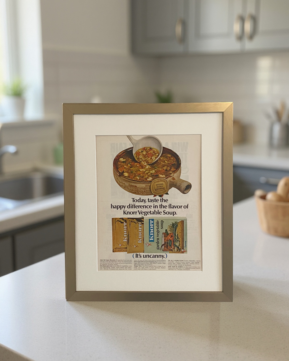 Original Knorr Vegetable Soup vintage advertisement in a brushed brass frame with an off-white mat, styled on a modern kitchen countertop