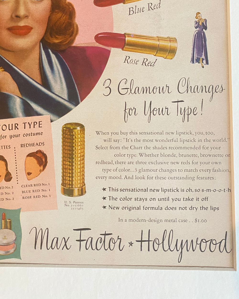 Close-up detail of an original 1948 Max Factor lipstick advertisement showing the Rose Red lipstick and vintage typography.