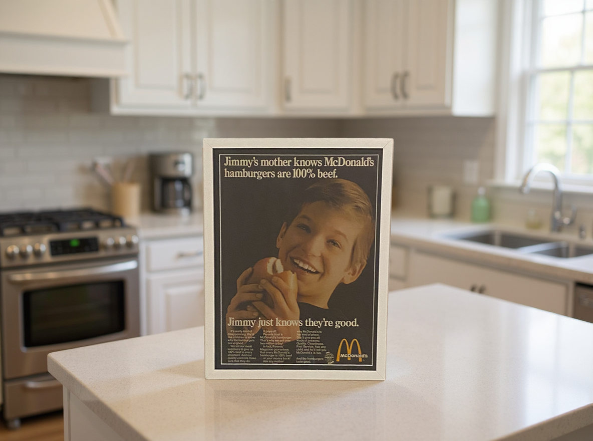 Modern vintage McDonald’s hamburger advertisement featuring Jimmy, framed mid-century wall art