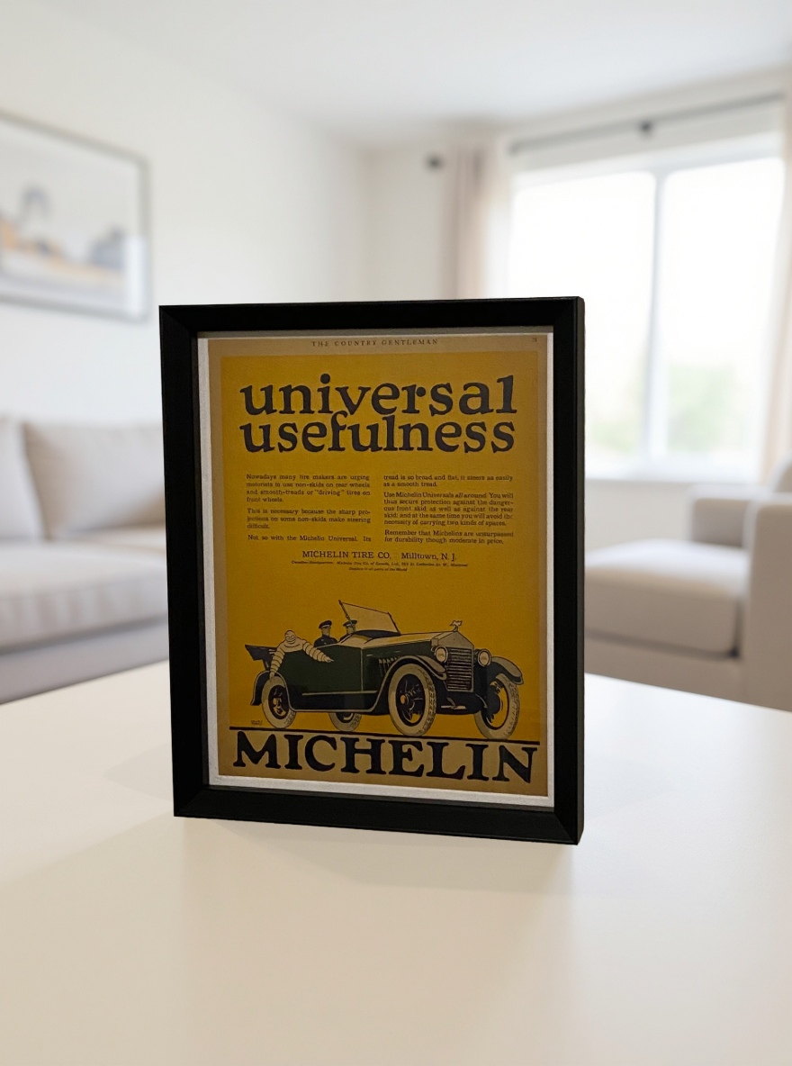 Modern vintage Michelin tire advertisement framed wall art, early automotive illustration print