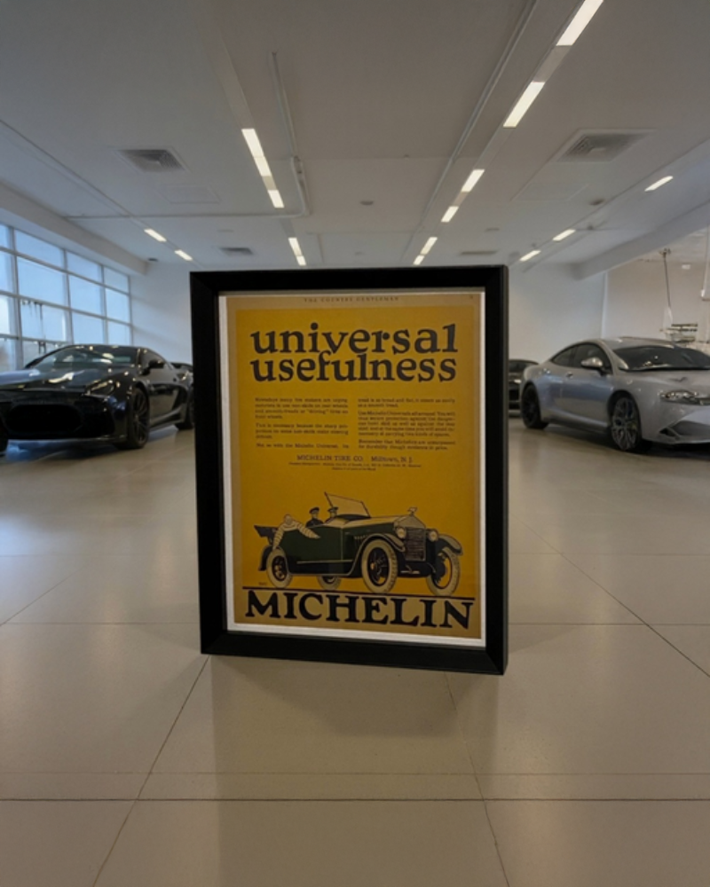 Modern vintage Michelin tire advertisement framed wall art, early automotive illustration print