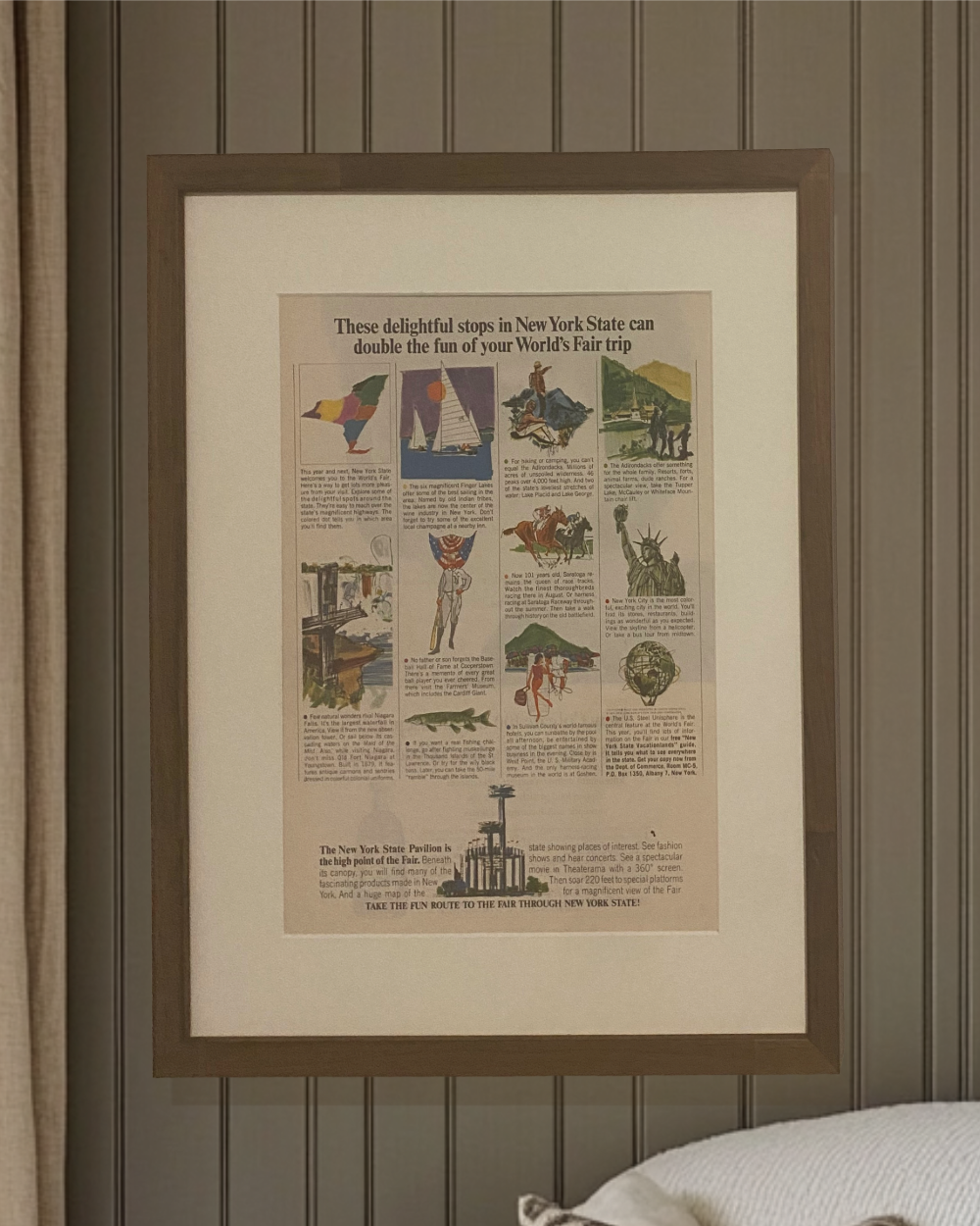 Original New York World’s Fair vintage magazine advertisement professionally framed in a medium brown wood frame with ivory matting.